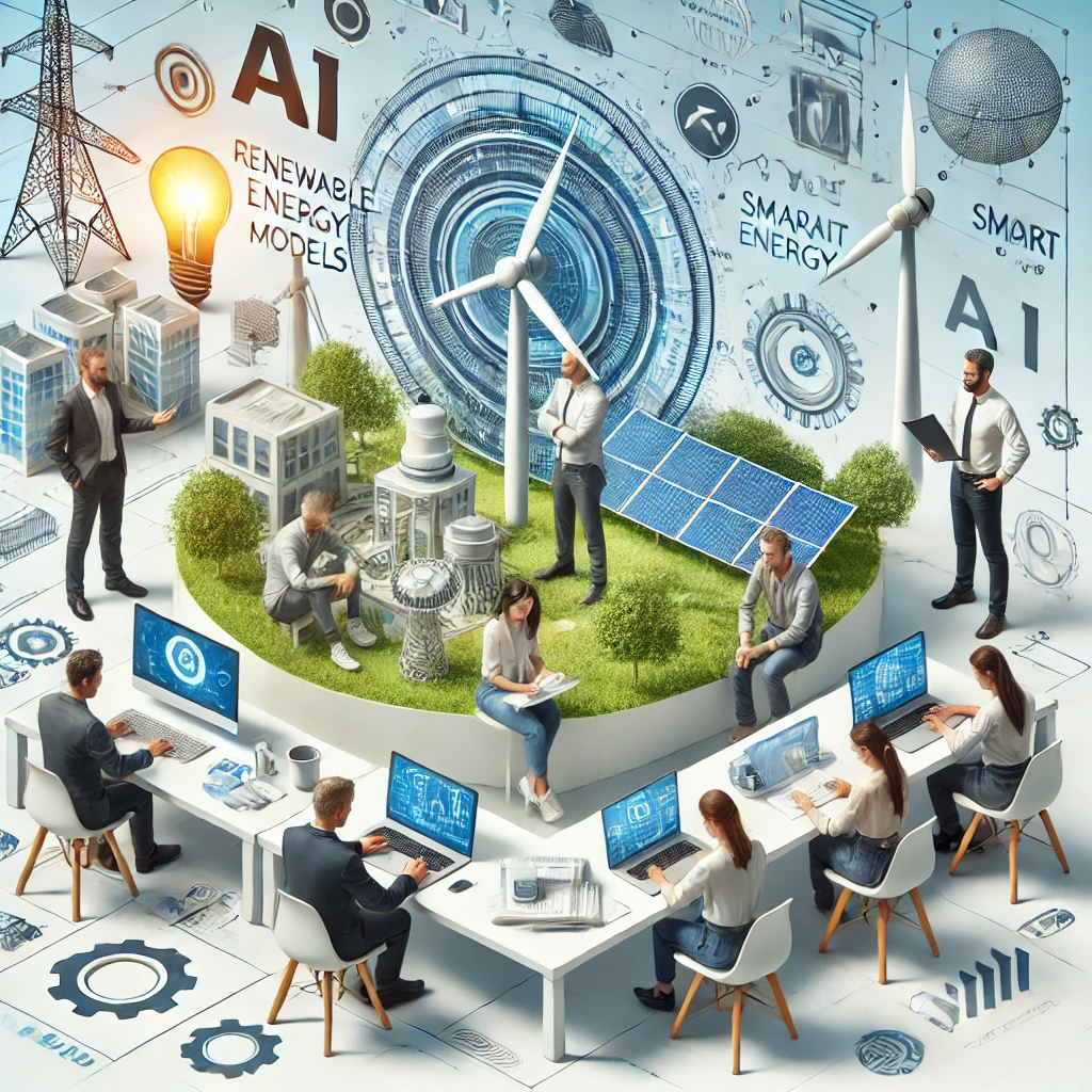 AI and renewable energy models with wind turbines, solar panels, and people working.