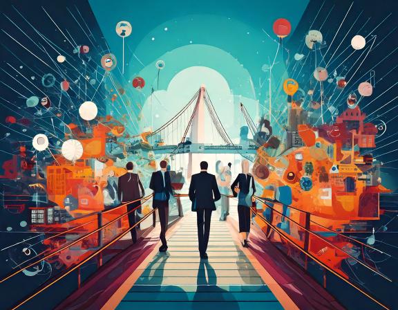 Business people walk on a bridge towards a futuristic city with digital network visuals.