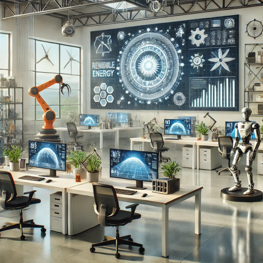Modern robotics lab with AI, industrial robot arm, and renewable energy displays.